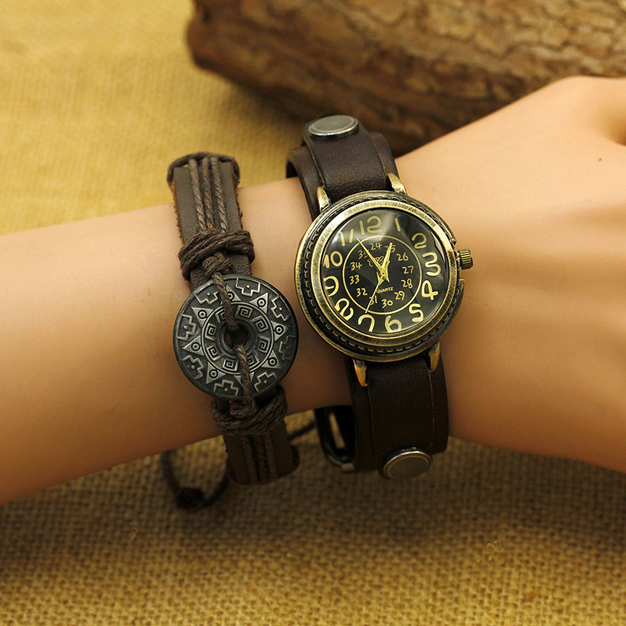 Vintage Digital Watch - Antiek bronzen digitale parenarmband Horloges rundleer